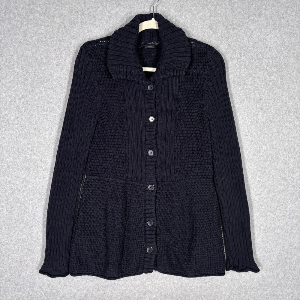 Calvin Klein Cardigan Sweater Medium Black Chunky Waffle Knit Fisherman Artsy